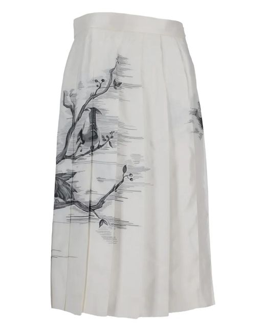 Thom Browne Gray Pleated Bird-Print Midi Skirt