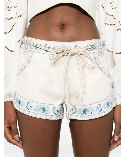 Zimmermann White Drawstring Embroidered Shorts