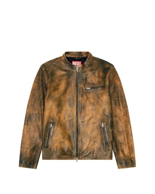 DIESEL Brown Distressed Leather Jacket With Structured Fit for men