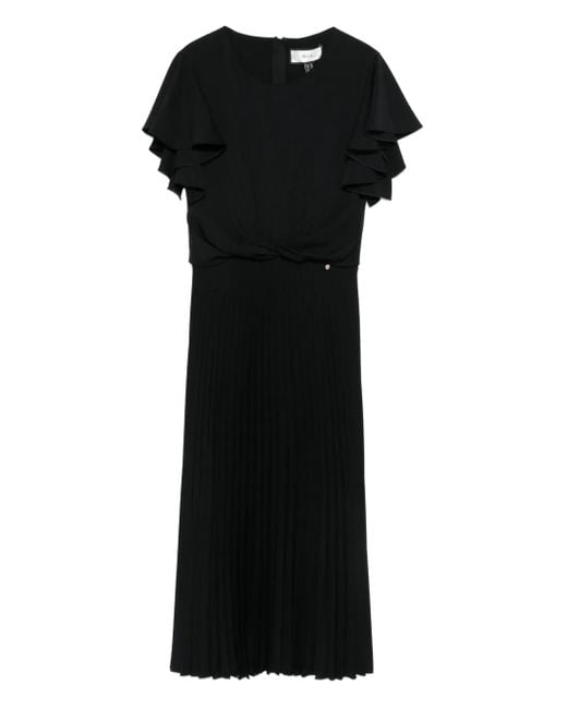 Nissa Black Pleated Ruffle Midi Dress