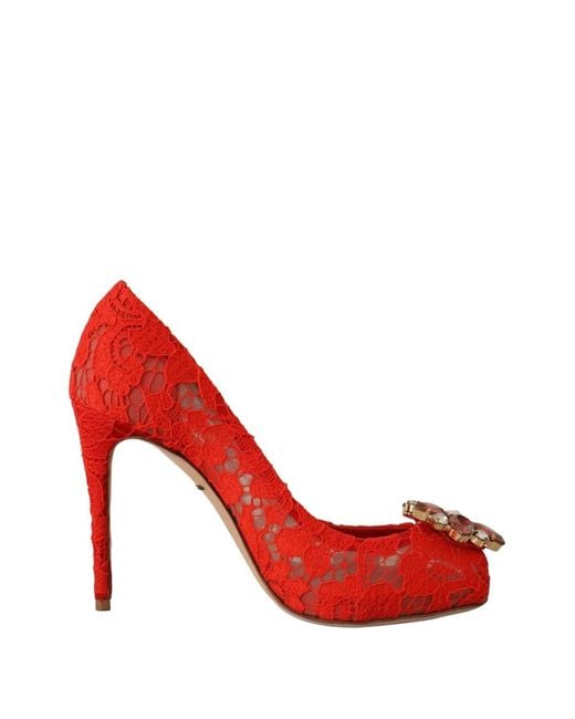 Dolce & Gabbana Red Taormina Lace Crystal-Embellished Heeled Pumps