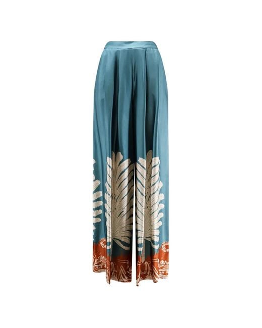 BYE Firenze Blue Pleated Palm-Print Palazzo Pants