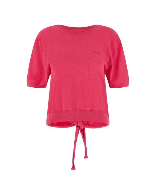 Ganni Pink Embroidered-Logo Back-Ribbon T-Shirt