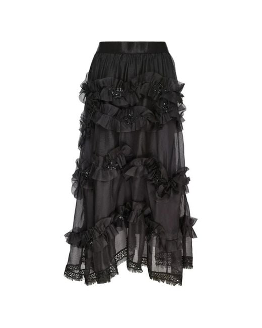 Renli Su Black Ruffled-Trim Silk Midi Skirt