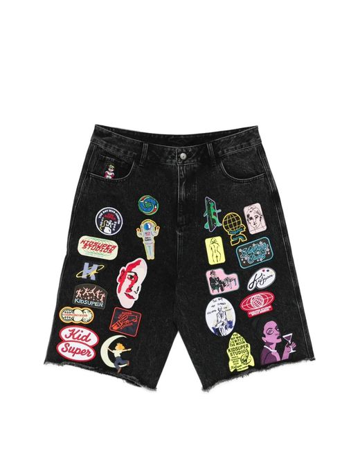 Kidsuper Black Patches-Appliqué Denim Shorts for men