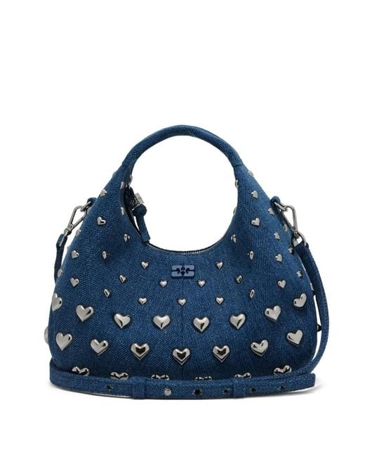 Ganni Blue Heart-Stud Mini Tote Bag