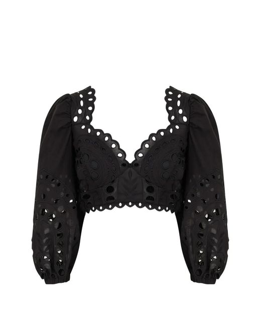 Charo Ruiz Black Luna Embroidered Smocked Blouse