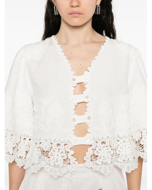 Sea White Lace-Trimmed Buttoned Blouse