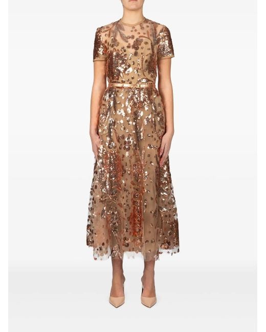 Elie Saab Natural Embroidered Tulle Midi Dress