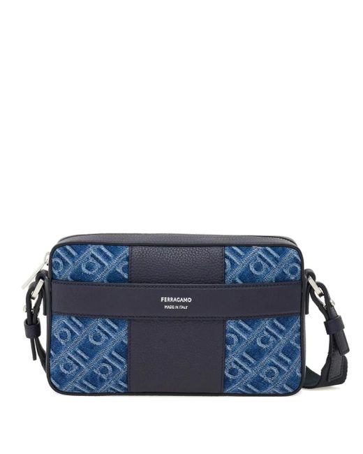 Ferragamo Blue Monogram-Jacquard Shoulder Bag for men