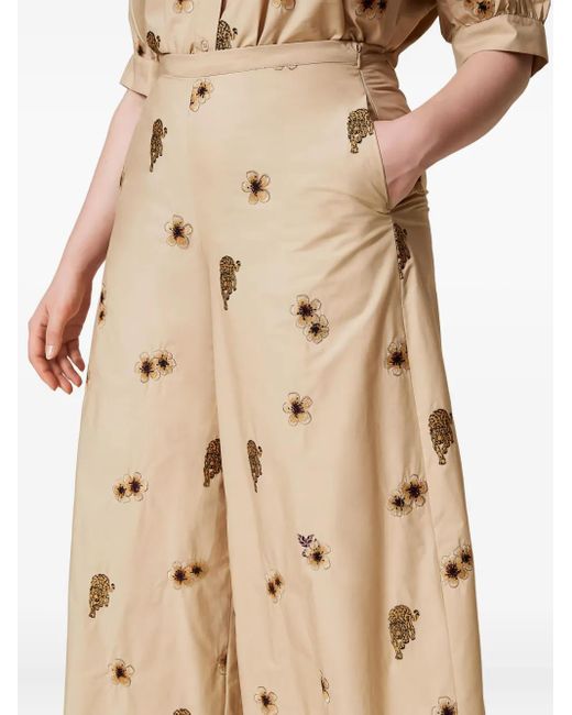 Twinset Natural Floral-Embroidered Wide-Leg Trousers