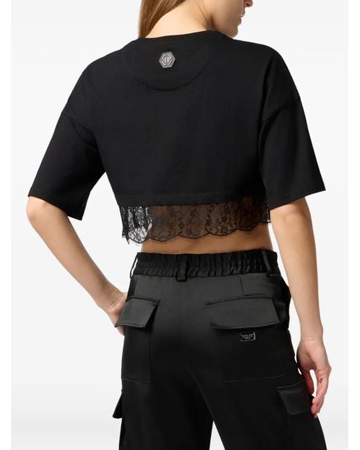 Philipp Plein Black Lace Cropped T-Shirt