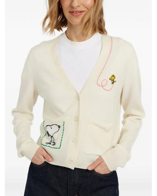 Chinti & Parker White Snoopy-Embroidered Patch-Pocket Cardigan