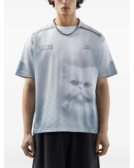 Gcds Blue Cat-Print T-Shirt