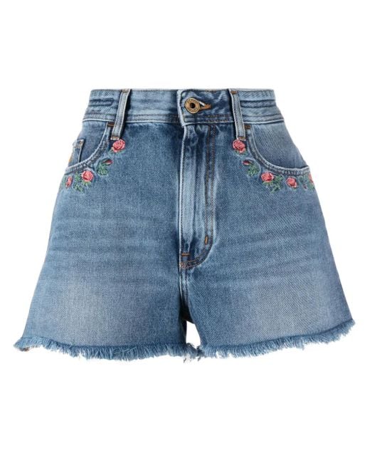 Jacob Cohen Blue Floral-Embroidered Denim Shorts