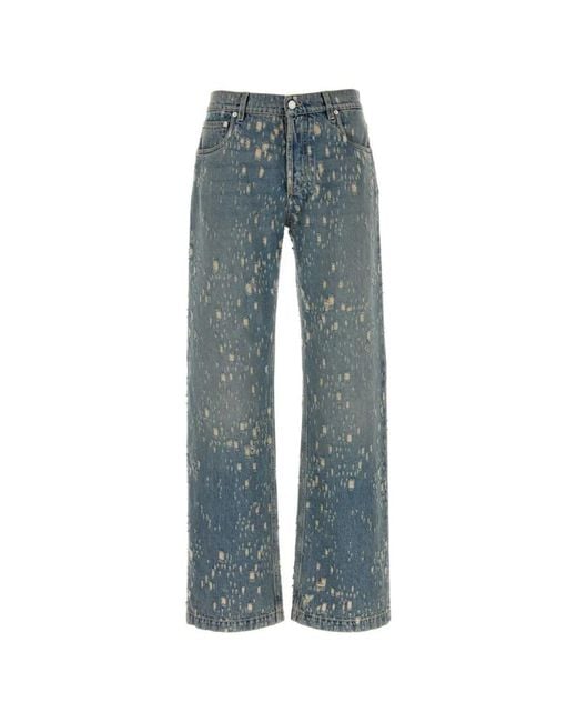 McQueen Blue Distressed Straight-Leg Jeans for men