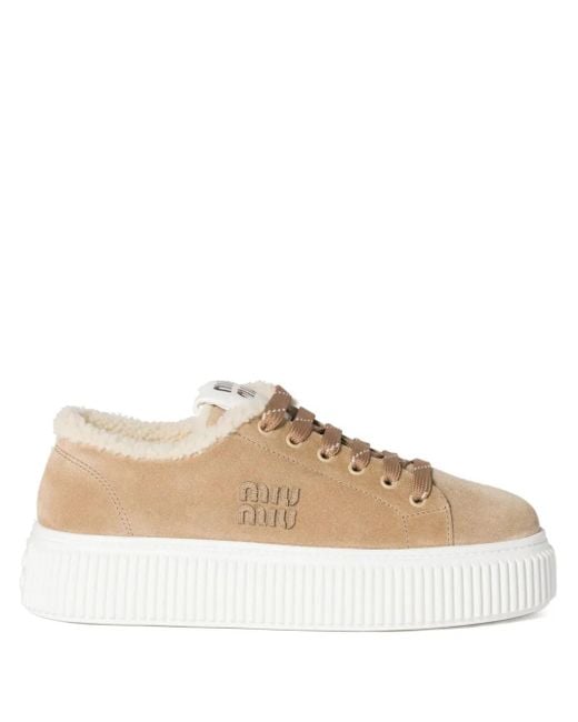 Miu Miu Natural Logo-Embroidered Suede Sneakers