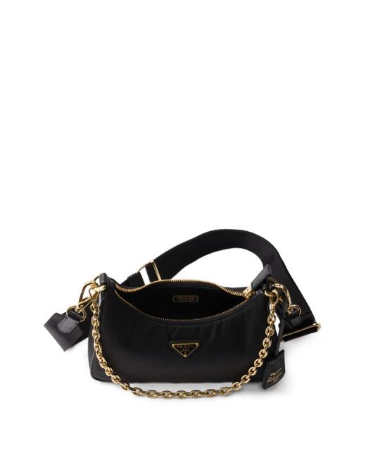 Prada Black Re-Edition 2005 Re-Nylon And Saffiano Leather Bag With Charm