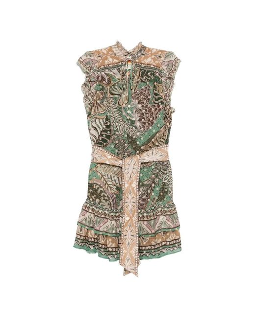 Farm Rio Green Dotted-Foliage Ruffled-Sleeve Mini Dress