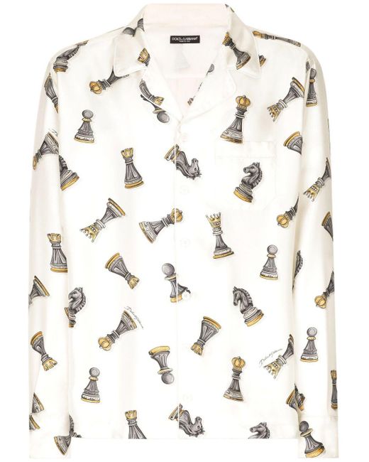 Dolce & Gabbana Natural Chess Motif Silk Shirt for men