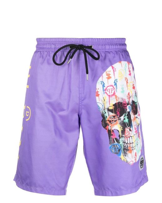 Philipp Plein Purple Skull-print Beach Shorts for men