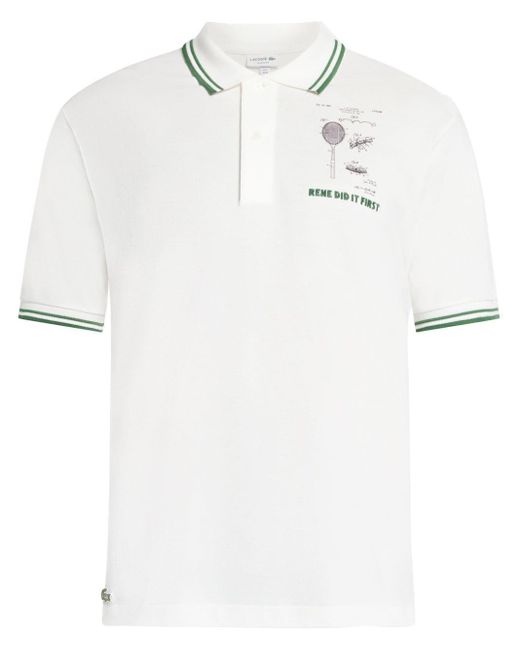 Lacoste White Slogan-embroidered Cotton Polo Shirt for men
