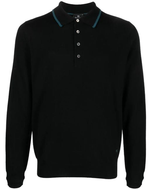 Paul Smith Black Logo-Embroidered Merino Polo Shirt for men