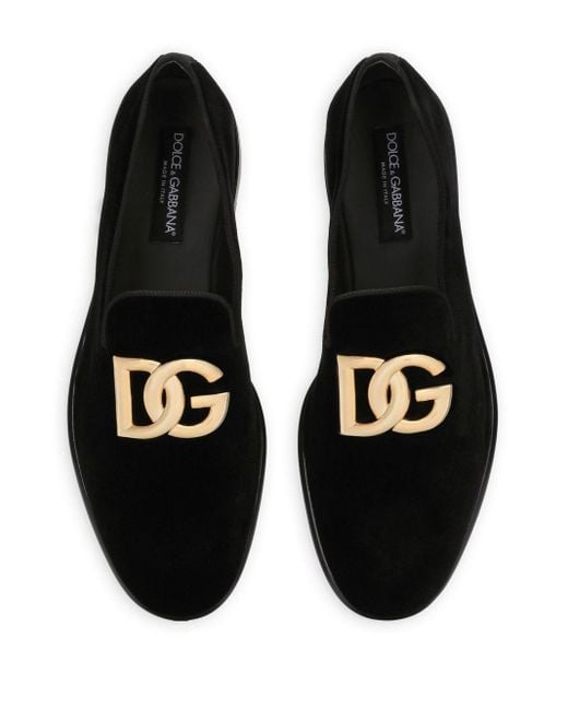 Dolce & Gabbana Black Logo-plaque Velvet Slippers for men