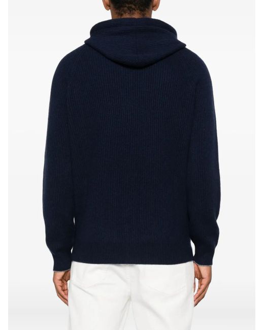 Brunello Cucinelli Blue Zip-Up Hooded Cardigan for men
