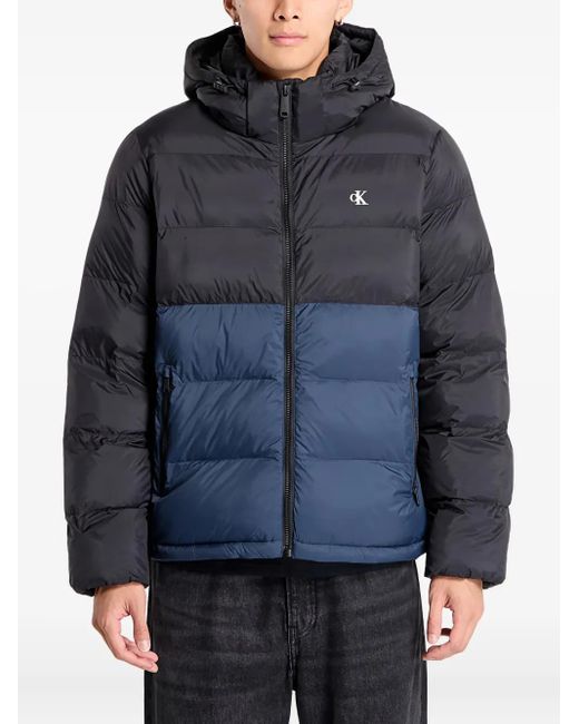 Calvin Klein Blue Hooded Colour-Block Puffer Jacket for men