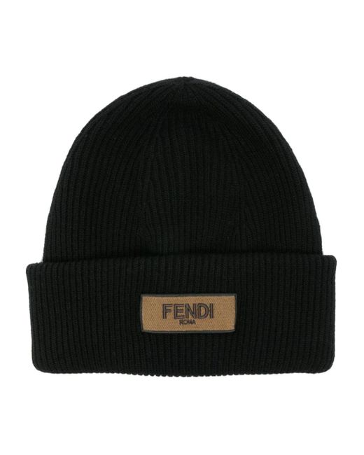 Fendi Black Logo-patch Virgin-wool Beanie for men