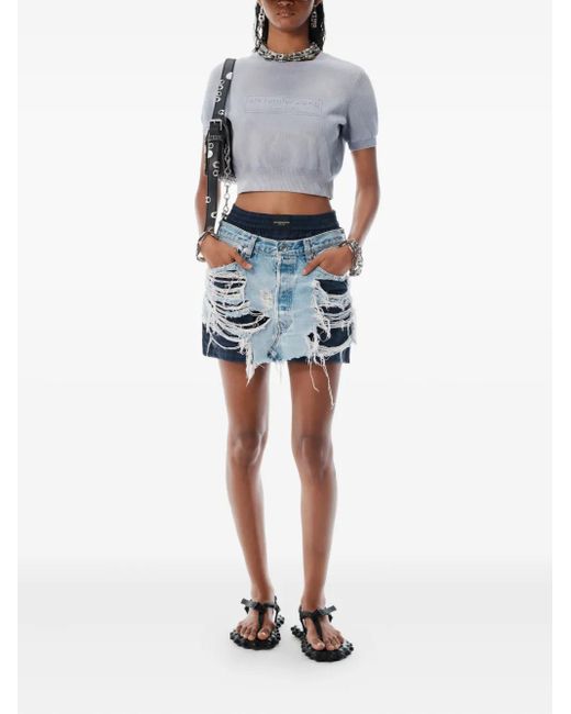 Alexander Wang Blue Logo-Embossed Cropped Knit Top