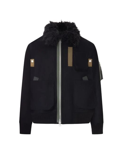 Sacai Black Melton Faux-Fur Collar Wool Jacket for men