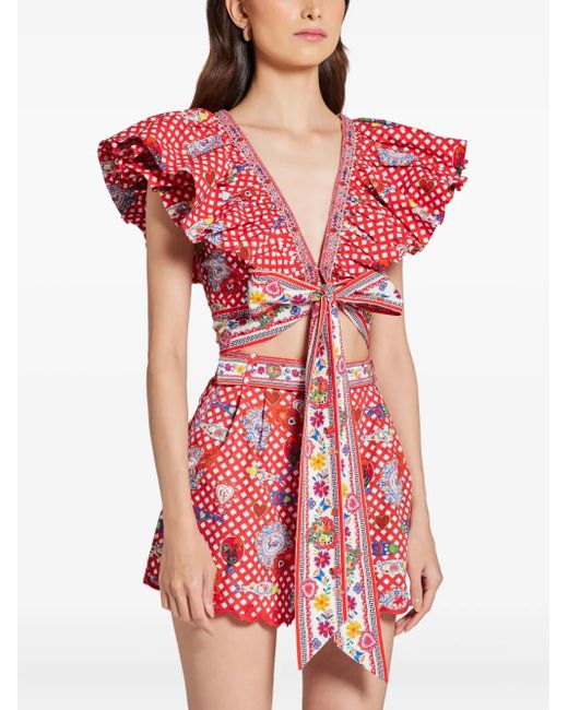 Camilla Red Frill-Detail Wrap Top