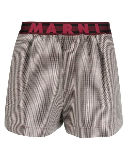 Marni Gray Logo-Waistband Checked Shorts