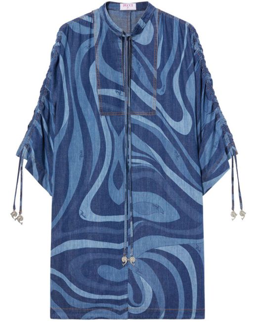 Emilio Pucci Blue Marmo-Print Denim Kaftan Dress