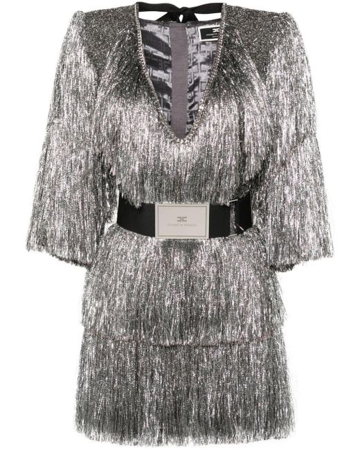 Elisabetta Franchi Lurex Mini-jurk Met Franje in het Gray