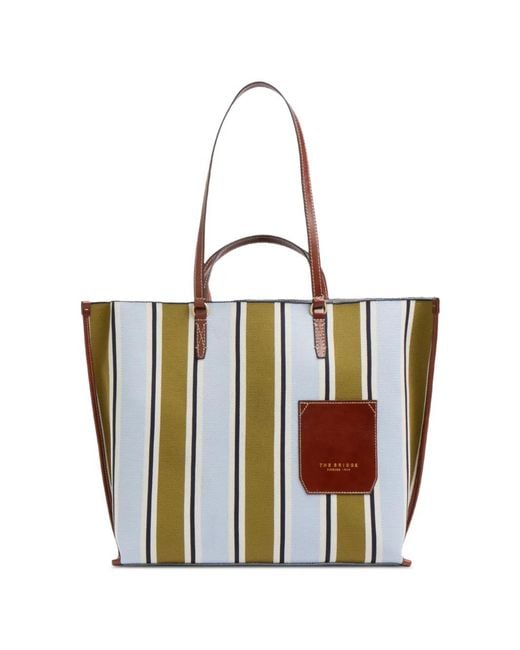 The Bridge White Striped Leather-Trim Tote Bag
