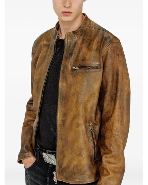 DIESEL Brown Distressed Leather Jacket With Structured Fit for men