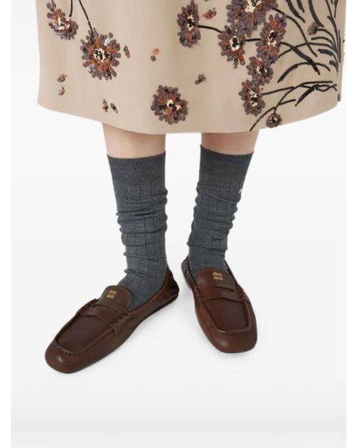 Miu Miu Brown Logo-Embossed Penny Loafers