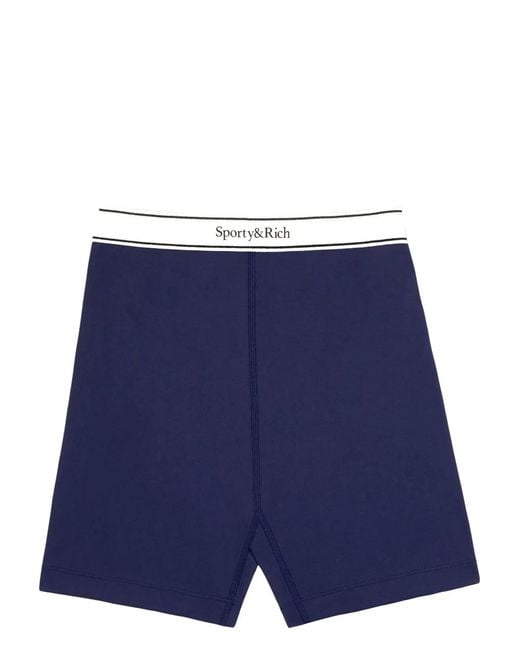 Sporty & Rich Blue Serif Logo-Waistband Shorts