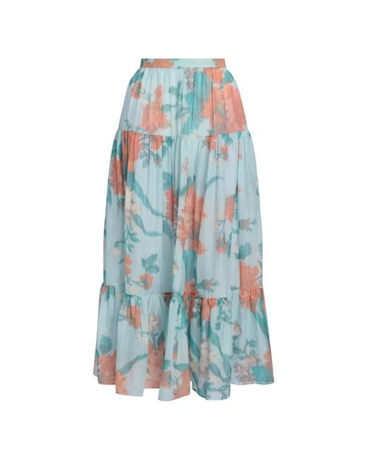 Erdem Blue Floral-Print Tiered Midi Skirt