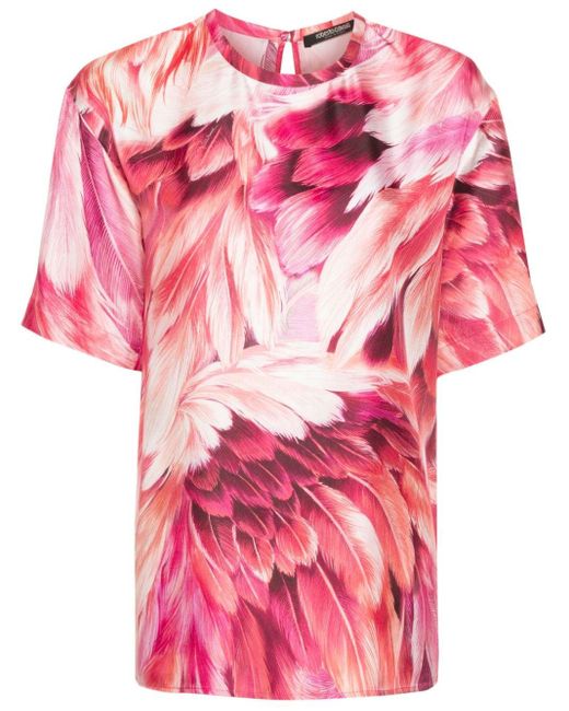 Roberto Cavalli Pink Seiden-T-Shirt mit Gefieder-Print