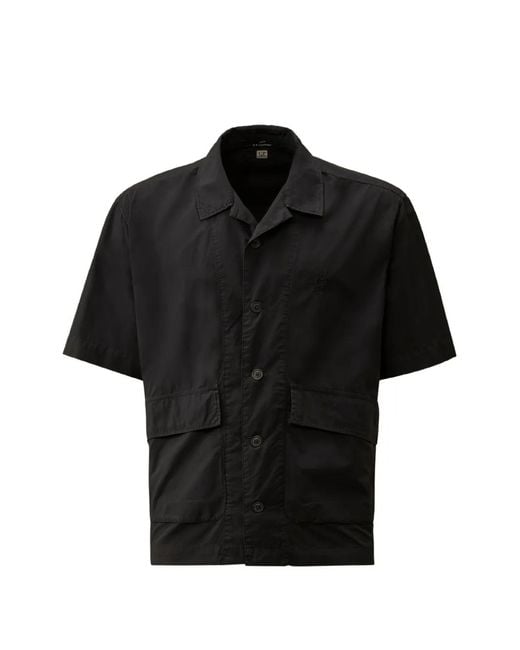 C P Company Black Popeline Boxy Logo-Embroidered Patch-Pocket Shirt for men