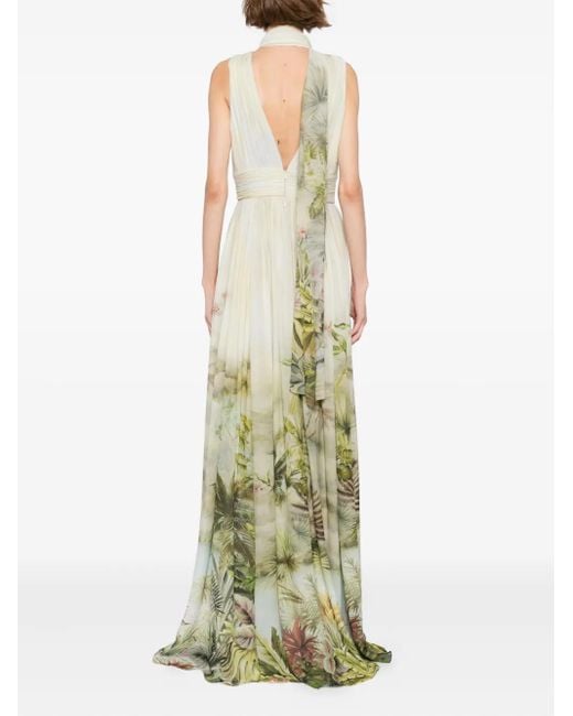 Elie Saab プリント シフォンロングドレス White