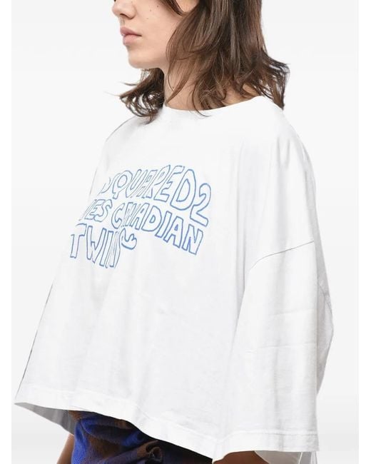 DSquared² White Logo-Print Cropped Top