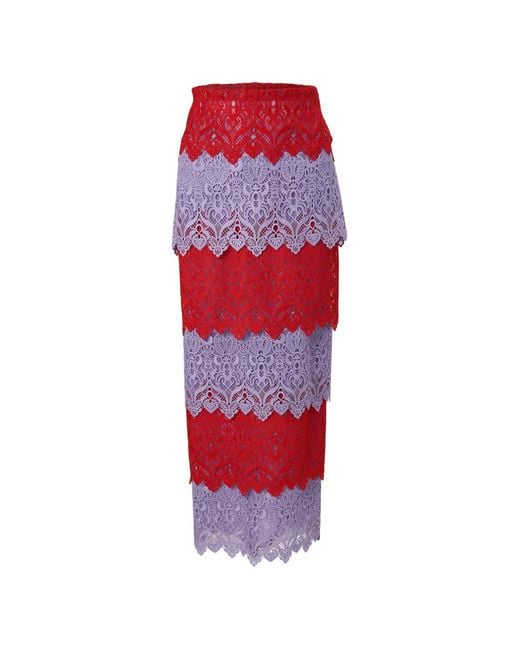 Carolina Herrera Red Lace-Trim Midi Pencil Skirt