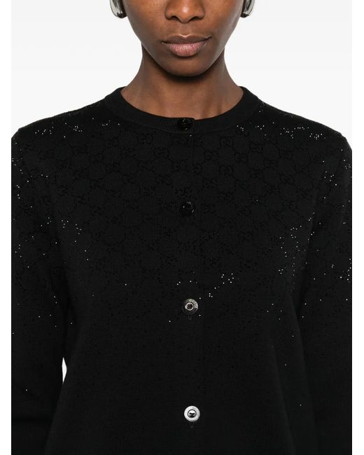 Gucci Black Fine Wool Cardigan With Gg Crystals