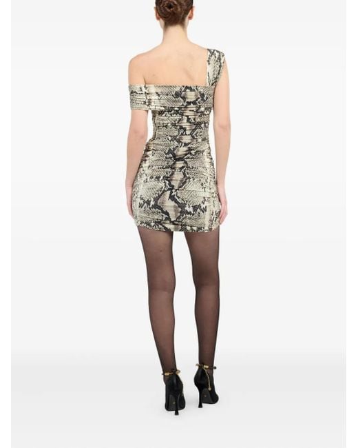 Roberto Cavalli Gray One-Shoulder Snakeskin-Print Mini Dress
