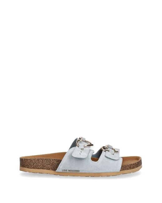 Love Moschino White Heart-Buckle Suede Sandals